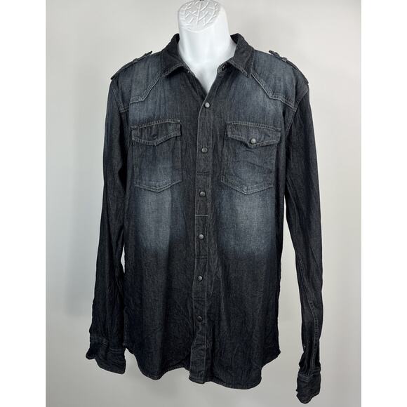 Men's Carbon Classic Fit Demin Long Sleeve Snap Up Dark Blue Size XL Shirt - Picture 1 of 7